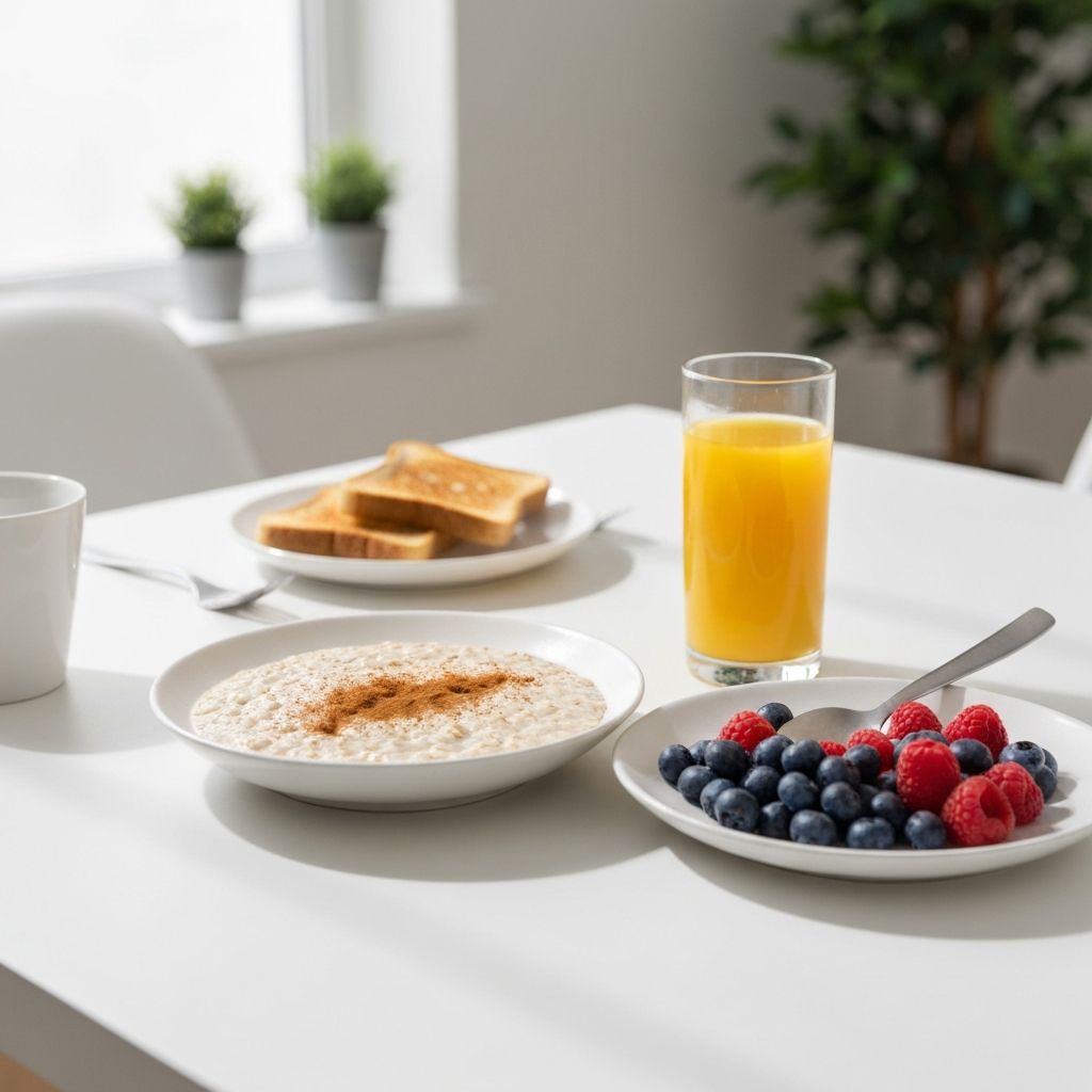 Breakfast table with oatmeal, toast and fresh fruit