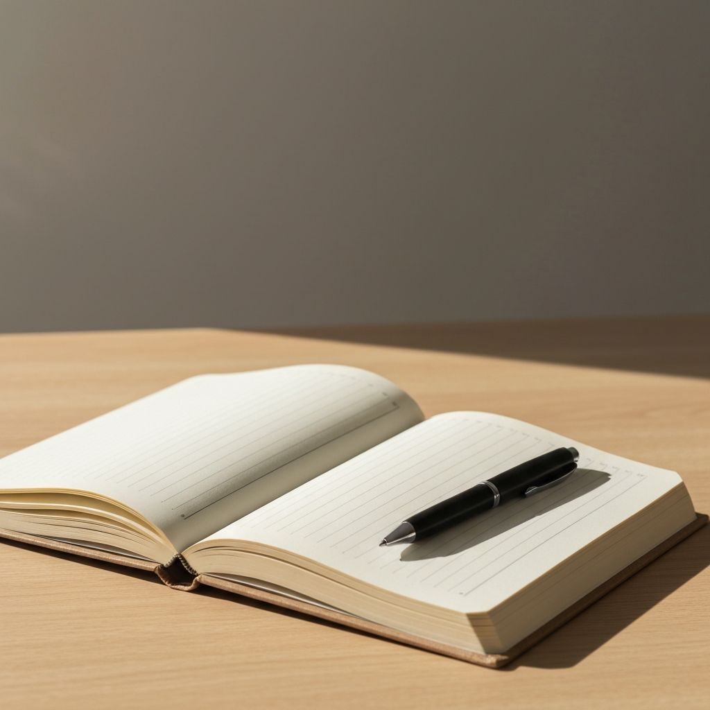 Open notebook with pen on wooden table