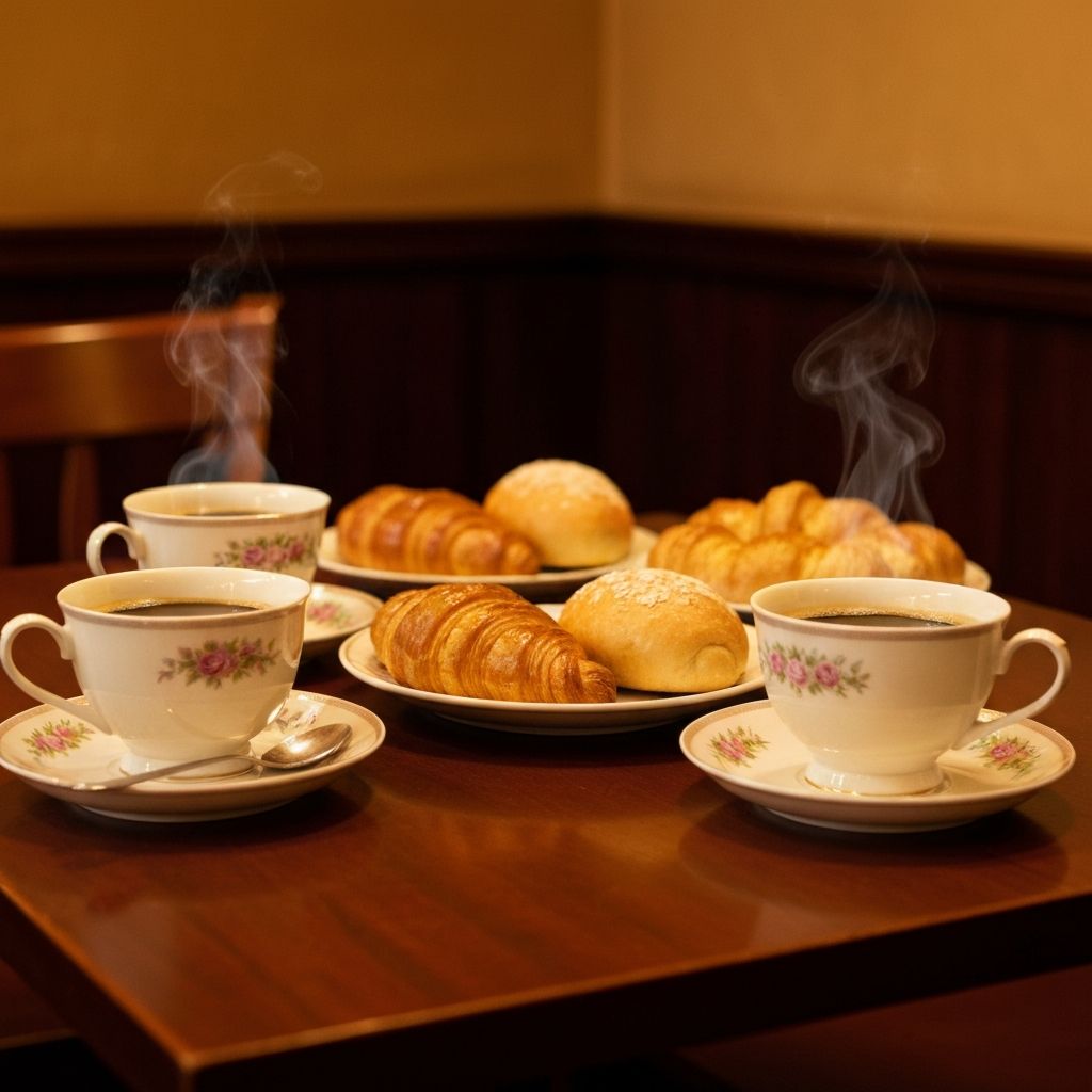 Cafe table with coffee cups and pastries